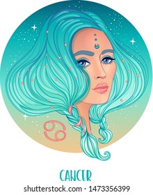 Illustration of Cancer astrological sign as a beautiful girl. Zodiac vector illustration isolated on white. Future telling, horoscope, alchemy, spirituality, occultism, fashion woman.