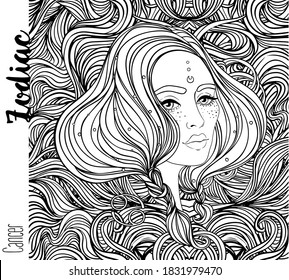Illustration of Cancer astrological sign as a beautiful girl. Zodiac vector drawing isolated in black and white. Future telling, horoscope, alchemy, spirituality. Coloring book for adults.