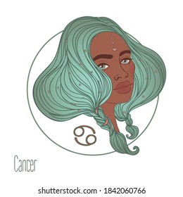 Illustration of Cancer astrological sign as a beautiful African American girl. Zodiac vector illustration isolated on white. Future telling, horoscope, alchemy, spirituality, fashion black woman.