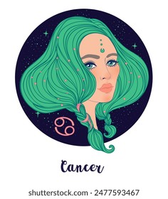 Illustration of Cancer astrological sign as a beautiful girl. Zodiac vector illustration isolated on white. Future telling, horoscope