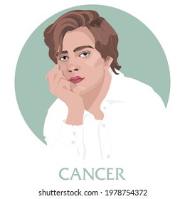 Illustration of Cancer astrological sign as a handsome guy. Zodiac vector illustration isolated on white. Future telling, horoscope, alchemy, spirituality, occultism, fashion.