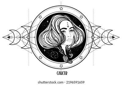 Illustration of Cancer astrology sign as a beautiful girl over sacred geometry frame. Zodiac vector drawing isolated in black and white. Future telling, horoscope, spirituality. Coloring book. svg