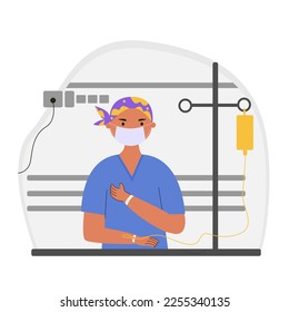 Illustration of cancer patient in hospital wearing face mask. Flat design cartoon character vector illustration.