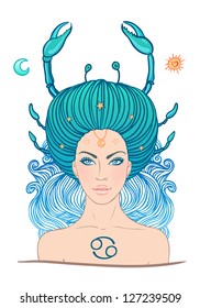 Illustration of cancer zodiac sign as a beautiful girl. Vector illustration.