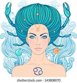 Illustration of cancer zodiac sign as a beautiful girl. Vector illustration. . Isolated on white.