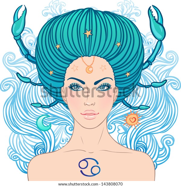 Illustration of cancer zodiac sign as\
a beautiful girl. Vector illustration. . Isolated on\
white.