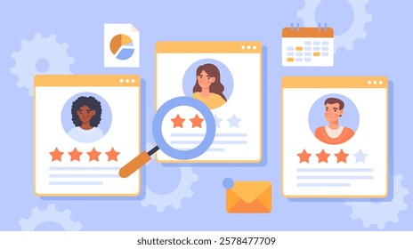 Illustration of candidate profiles with star ratings, magnifying glass, calendar, and documents on a light blue background. Concept of recruitment and evaluation. Vector illustration.