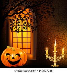 illustration  candle in a candlestick and a pumpkin on a background window on halloween