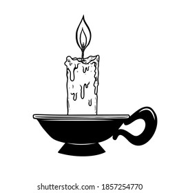 Illustration of candle in engraving style. Design element for emblem, sign, poster, card, banner, flyer. Vector illustration