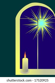 Illustration, candle on the window with a bright evening star.