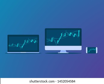 illustration of candle stick graph on digital device monitor stock exchange market concept vector background