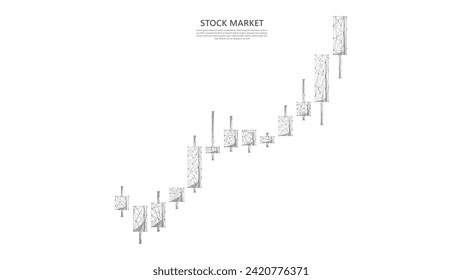 Ilustración del cuadro de candlestick sobre el negocio de las operaciones de inversión en el mercado de valores en un fondo transparente de bajo estilo de póliza. actividad en el mercado de valores, operaciones y tendencias alcistas.