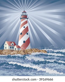 Illustration of a candy cane lighthouse illuminating the night.