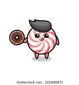 illustration of an candy character eating a doughnut , cute style design for t shirt, sticker, logo element