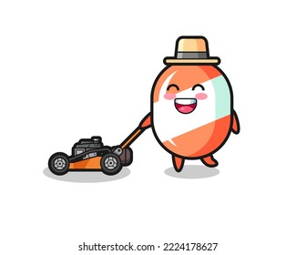 illustration of the candy character using lawn mower , cute style design for t shirt, sticker, logo element