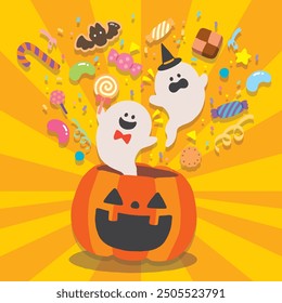 Illustration of candy and ghosts popping out of Halloween pumpkins