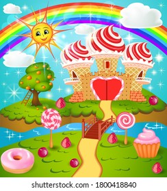 Illustration of candy land with waffle and cream castle lollipops and berries . Cartoon style