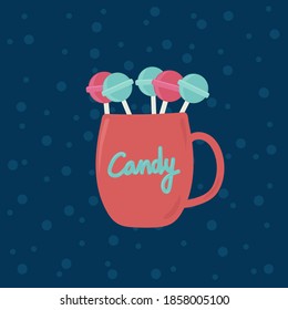 Illustration of a Candy mug with caramel. Colorful round caramels. Vector clipart, red Christmas mug with sweets. Winter mint and fruit candies in a glass with the inscription Candy. Drawn for a candy