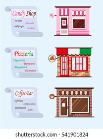  Illustration of candy shop, pizzeria and coffee bar. Flat style vector graphic.