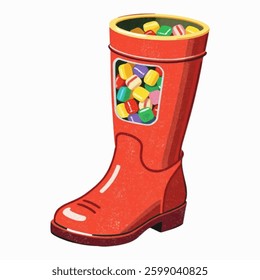 Illustration of Candy-Filled Boot Representing Confectionery Industry Isolated on White Background. Vector Sweet Boot for Candy Business, Festive Candy Boot Symbolizing Treats Industry.
