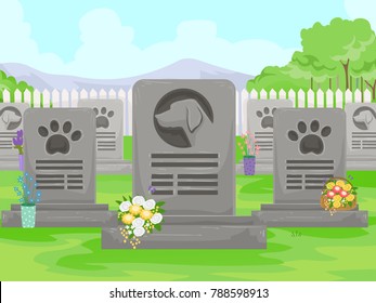 Illustration of a Canine Cemetery with Dog, Paw Print and Flowers in Tombstone