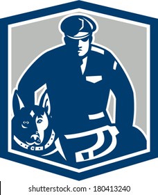 Illustration Of A Canine Policeman Police Officer Security Guard With Police Dog With Facing Front Set Inside Shield Crest On Isolated Background Done In Retro Style.