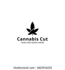 Illustration of a cannabis leaf with a sharp cut with a knife cutting the middle in half logo design