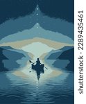 illustration of a canoe in the middle of the ocean shadowed by dim sunlight illuminating soberly