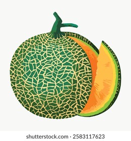 Illustration of a cantaloupe with green netted rind and a slice showing orange flesh. Cantaloupe fruit with vibrant colors, showcasing its unique texture. Vintage vegetable illustration vector.