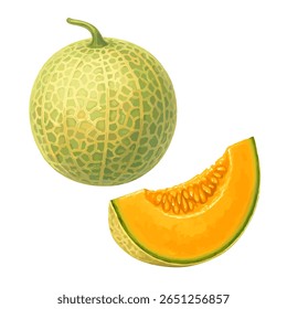 Ilustração de melão cantaloupe inteiro e fatiado