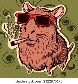 Illustration of a capibara with sunglasses smoking a joint. Vector of a cool wild rodent having a cigarette in his mouth