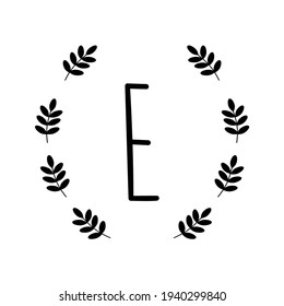 An illustration of capital letter E. Alphabet with floral wreath. Isolated on white.