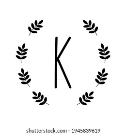 An illustration of capital letter K. Alphabet with floral wreath. Isolated on white.