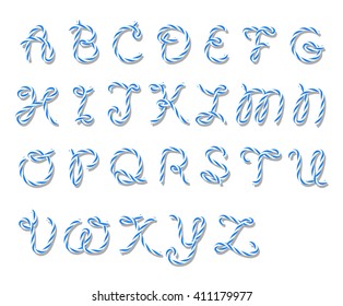 Illustration of capital letters alphabet in blue bakers twine style on white background