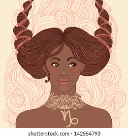 Illustration of Capricorn astrological sign as a beautiful African American girl. Zodiac vector illustration isolated on white. Future telling, horoscope, alchemy, spirituality, fashion black 