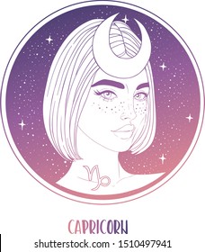 Illustration of Capricorn astrological sign as a beautiful girl. Zodiac vector illustration isolated on white. Future telling, horoscope, alchemy, spirituality, occultism, fashion woman.