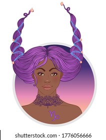 Illustration of Capricorn astrological sign as a beautiful African American girl. Zodiac vector illustration isolated on white. Future telling, horoscope, alchemy, spirituality, fashion black woman.