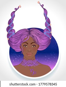 Illustration of Capricorn astrological sign as a beautiful African American girl. Zodiac vector illustration isolated on white. Future telling, horoscope, alchemy, spirituality, fashion black woman.