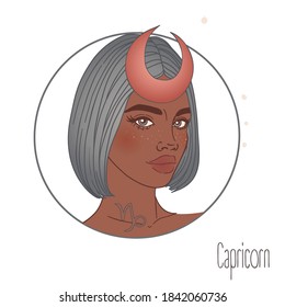 Illustration of Capricorn astrological sign as a beautiful African American girl. Zodiac vector illustration isolated on white. Future telling, horoscope, alchemy, spirituality, fashion black woman.