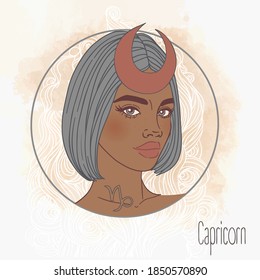 Ilustración del signo astrológico de Capricornio como una hermosa niña afroamericana. Ilustración del vector zodiaco aislada en blanco. Futuro narrativo, horóscopo, alquimia, espiritualidad, mujer negra de moda.