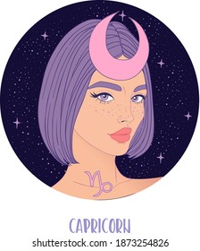 Illustration of Capricorn astrological sign as a beautiful girl. Zodiac vector illustration isolated on white. Future telling, horoscope, alchemy, spirituality, occultism, fashion woman.