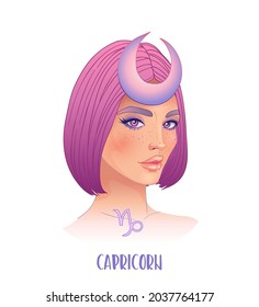 Illustration of Capricorn astrological sign as a beautiful girl. Zodiac vector illustration isolated on white. Future telling, horoscope, alchemy, spirituality, occultism, fashion woman.