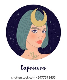 Illustration of Capricorn astrological sign as a beautiful girl. Zodiac vector illustration isolated on white. Future telling, horoscope,