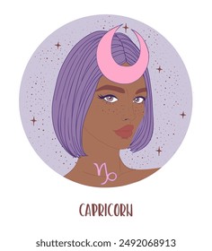 Illustration of Capricorn astrological sign as a beautiful African American girl. Zodiac vector illustration isolated on white. Future telling, horoscope, fashion black woman.