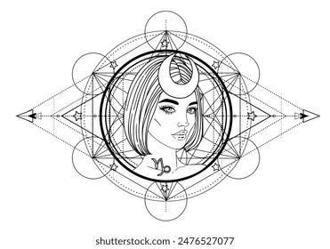 Illustration of Capricorn astrology sign as a beautiful girl over sacred geometry frame. Zodiac vector drawing isolated in black and white. Future telling, horoscope, spirituality.