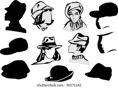 illustration with caps silhouettes isolated on white background