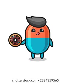 illustration of an capsule character eating a doughnut , cute style design for t shirt, sticker, logo element