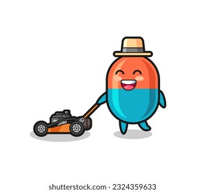 illustration of the capsule character using lawn mower , cute style design for t shirt, sticker, logo element