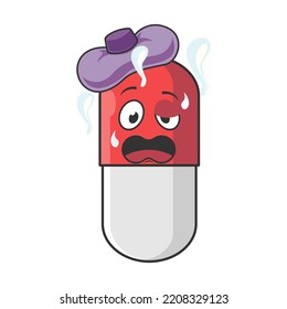 Illustration of a capsule with a fever with eyes, mouth and a compress isolated on white background