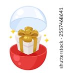 An illustration of a capsule toy capsule opening to reveal a gift box